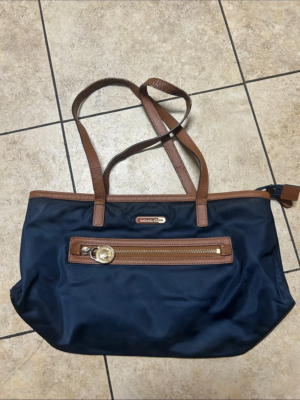 Michael Kors Navy Tote with Brown Trim and Gold Hardware